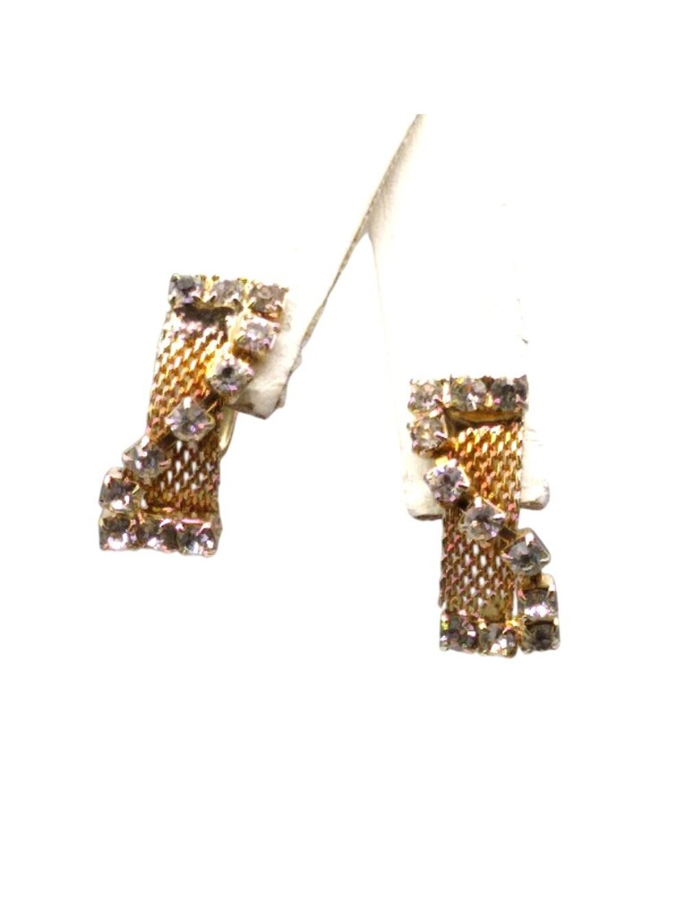 Vintage Mesh Earrings With Crystal Channel Overlay, Sparkly Retro Gold Tone
